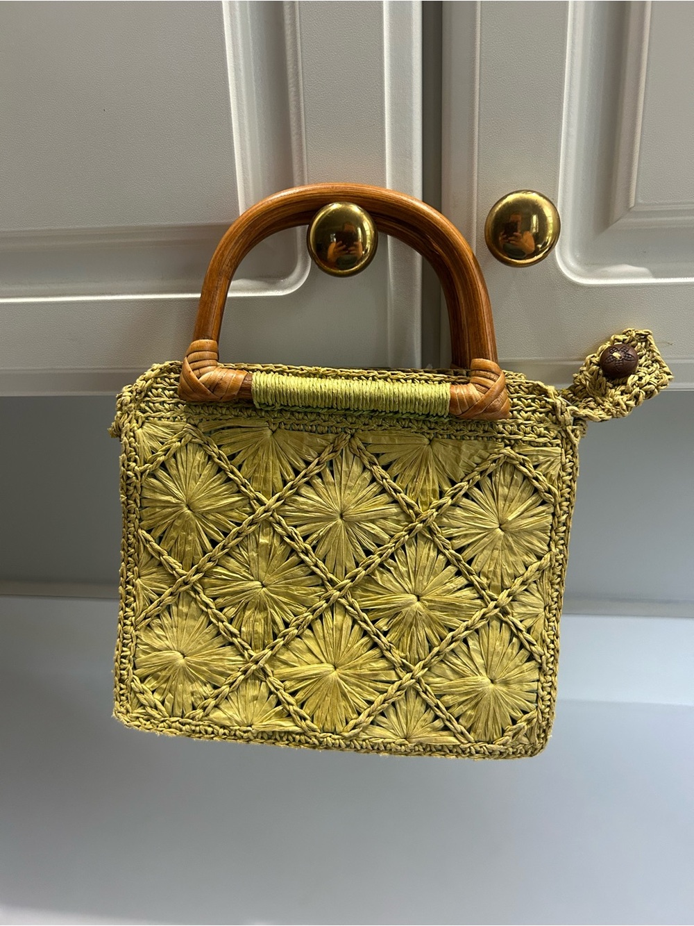 Fossil Yellow Woven Raffia Mini Bag with Wooden Handles